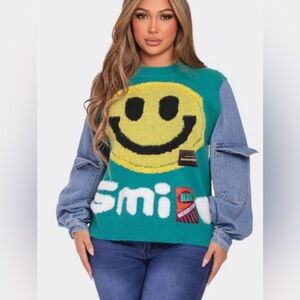 Green Smiley M/L Knit Sweater Vest with Denim Sleeves